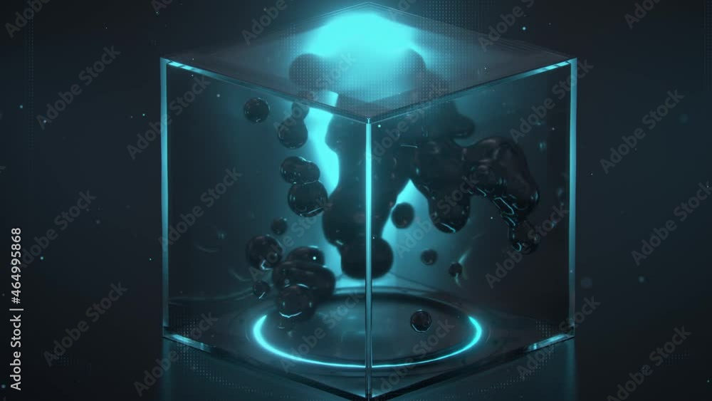 Aufkleber speaker pushes liquid droplets in glass cube. seamless loop 3d render animation