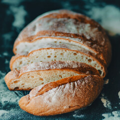 Delicious homemade fresh bread is cut into slices and lies on a baking sheet that was recently taken out of the oven.  Baking at home.