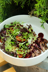 Healthy green salad with veal steak and berry sauce