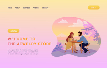 Man makes a marriage proposal to his woman, a man gives an engagement ring to a woman. Vector illustration for poster, banner, presentation and website.