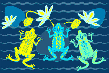 Naklejka premium Yellow blue green frogs on a pond with lilies and leaves. Decor pattern. Paper cut flat style. Fabric decoration. Print for clothes. Textile design. Hand-drawn cute character. Vector