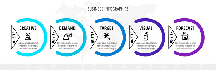 Modern vector line infographics with five circles and triangles. Hand drawn flat chart process template with 5 steps with arrows. Timeline for business project, presentation, banner, diagram, content
