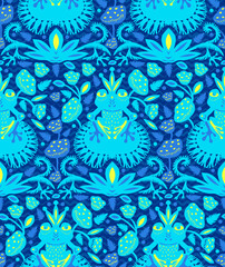 Fototapeta na wymiar Blue green frogs with crowns on a pond with lilies and leaves. Seamless pattern. Paper cut flat style. Fabric decoration. Print for clothes. Textile design. Hand-drawn cute character. Vector