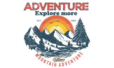 Adventure at the mountain graphic artwork for t shirt and others. Mountain with tree retro vintage print design.  - obrazy, fototapety, plakaty