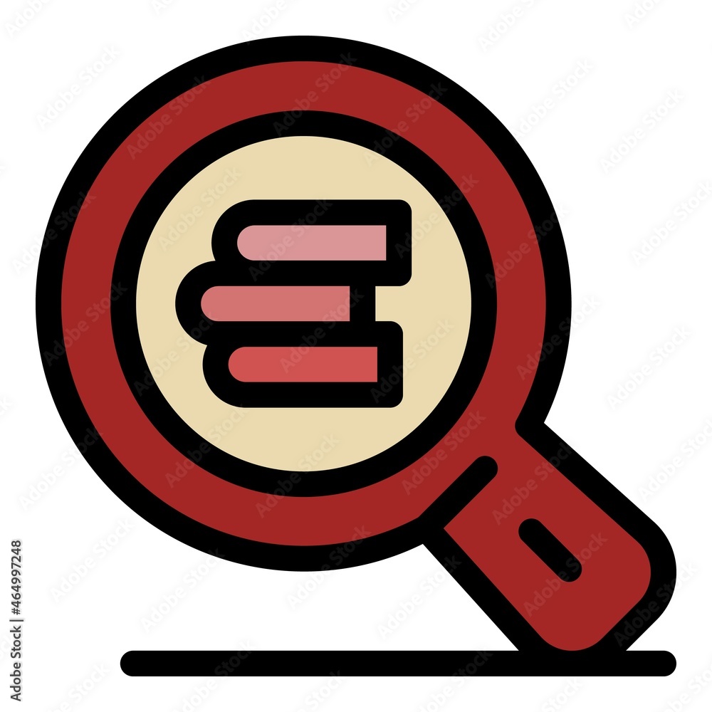 Poster three books under a magnifier icon. outline three books under a magnifier vector icon color flat iso