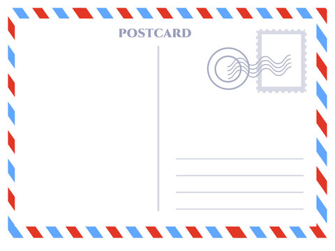 Envelope with postage stamp.Blank travel postcard template.Vintage post card frame.Postal card for design.Airmail envelope.Mail or letter.Vector illustration.Sign, symbol, icon or logo.