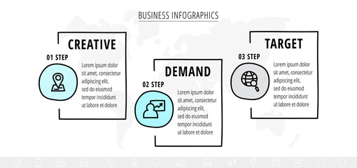 Business vector infographics with three rectangles and circles. Timeline visualization with 3 steps and squares for diagram, flowchart, banner, presentations, web, content, levels, chart, graphic