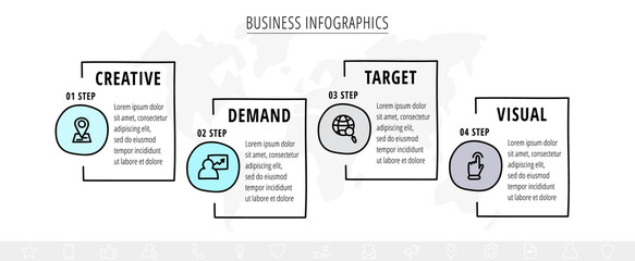 Business vector infographics with four rectangles and circles. Timeline visualization with 4 steps and squares for diagram, flowchart, banner, presentations, web, content, levels, chart, graphic