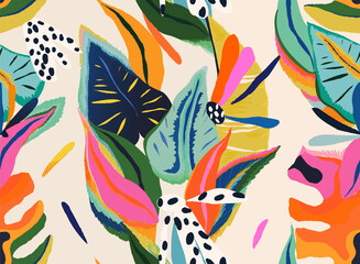 Modern exotic floral jungle pattern. Collage contemporary seamless pattern. Hand drawn cartoon style pattern. - obrazy, fototapety, plakaty