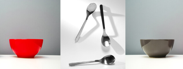 red and grey bowl with three metal tea spoon on white interior banner background