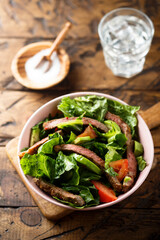 Beef steak salad with tomatoes and avocado