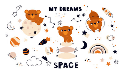 A set of cute bears. Vector collection of elements with space. Illustration for children's design