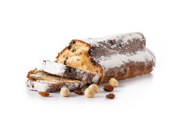 Traditional German Christmas stollen with fruit and nuts isolated on white background