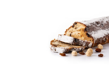Traditional German Christmas stollen with fruit and nuts isolated on white background