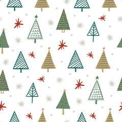 Cute winter season holiday childish seamless pattern with Scandinavian minimalist hand drawn Christmas tree doodle, pine tree, snowflakes. Beautiful New Year children background design, textile