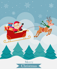 Christmas flying deer and Santa. Vector illustration.
