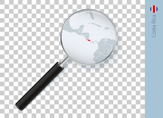 Costa Rica map with flag in magnifying glass on transparent background.