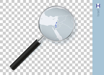 Israel map with flag in magnifying glass on transparent background.