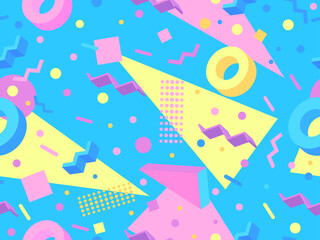 3d geometric seamless pattern in 80s memphis style. Isometric geometric shapes in different colors. Design for wrapping paper, promotional materials and fabrics. Vector illustration