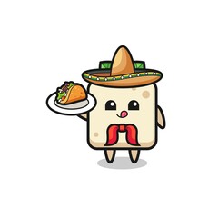tofu Mexican chef mascot holding a taco