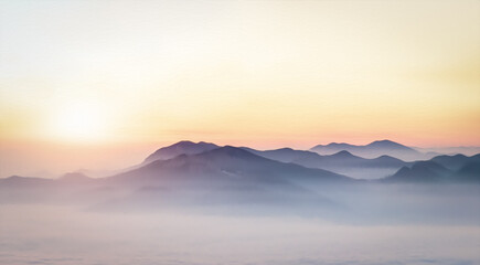 Oil painting style. Mountains on the sky background.Traveling along the mountains, freedom and active lifestyle concept. Abstract landscape.