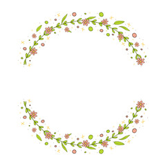 A frame of pink flowers with greenery. Floral arrangement in the shape of a circle. Vector illustration. On a white background.