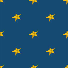 Seamless pattern. Doodle style hand drawn. Nature elements. Yellow stars on a dark blue background.