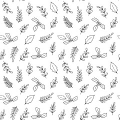 Christmas plants, laurel branches, berries, holly, leaves. Floral botanical seamless vector pattern in black and white, outline. 