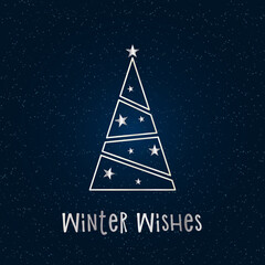 Silver silhouette of a Christmas tree with snow and stars on a dark blue background. Merry Christmas and Happy New Year 2022. Vector illustration. Winter Wishes.