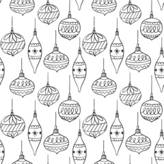 Doodle Christmas Ornaments in black and white. Holiday seamless vector pattern hand-drawn outline baubles.