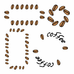 Set of round and square frames with coffee beans and text on white background. Vector image.