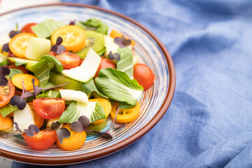 Vegetarian salad of pac choi cabbage, kiwi, tomatoes, kumquat, microgreen sprouts on a white concrete background. Side view, selective focus.