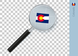 Colorado map with flag in magnifying glass on transparent background.