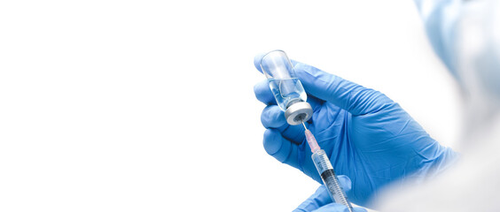 Medical workers to mix drugs in vials for prepare injections, horizontal copy space on white...