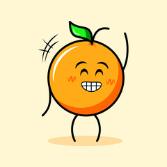 cute orange character with leaf, happy expression, close eyes, grin and one hand up. cartoon, emoticon, modern, fresh, outline and mascot logotype. suitable for logo, icon and sign