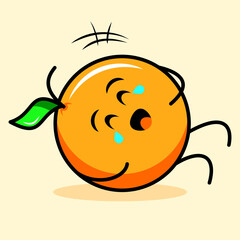 cute orange character with leaf, happy expression, close eyes, laugh and roll over. cartoon, emoticon, modern, fresh, outline and mascot logotype. suitable for logo, icon and sign