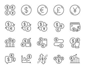 Currency line icons. Cash money, Euro Dollar transfer and Currency exchange. Financial rate, Change money and Euro Pound trade icons. Dollar transfer, Stock trade and Wallet with cash. Vector