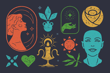 Portrait of woman watching crescent and boho stars