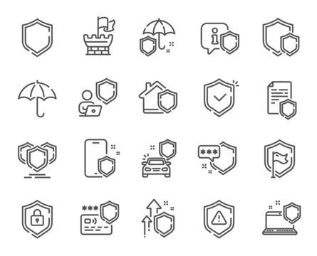 Defense Line Icons. Car Insurance, Secure Shield And Safe Umbrella. Safety Risk, Computer Security And Defense Privacy Icons. Secure Online Information, Tower Castle And Protect Shield. Vector