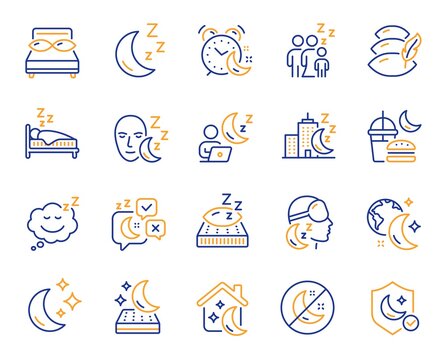 Sleep line icons. Sleeping pillow, Night bed and Insomnia sleeplessness. Bedroom rest mattress, Zzz snooze and Pillows with feather icons. Sleeping mask, Alarm clock and Human sleep in bed. Vector