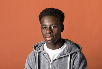 Fototapeta premium Handsome young Black man in a grey hoodie studio portrait