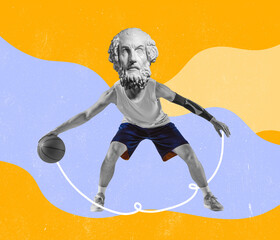 Contemporary art collage. Inspiration, idea, trendy magazine style. Male basketball player headed...