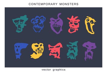 Fantastic surreal monsters set. Abstract contemporary minimalistic style. Ready design elements. Simple vector graphics
