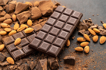 Store Cooking chocolate bars with almonds handmade sweets. Composition of bars and pieces of dark almond chocolate on a black background, top view. Pastry craft on the table
