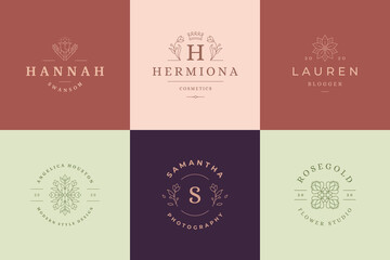 Flower logos emblems design templates set with botanical plants and rose vector illustrations minimal linear style.
