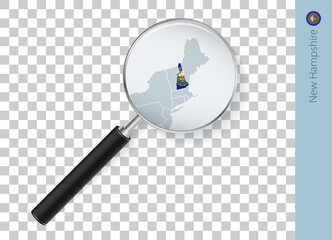 New Hampshire map with flag in magnifying glass on transparent background.