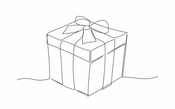 Present box. One line drawing. Vector present box in line style
