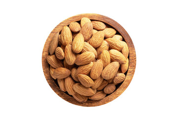 almond nuts peeled raw in wooden bowl isolated on white background. Vegan food, top view.