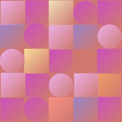 Pink gradient pattern of geometric shapes for the cover. Squares and circles in yellow, blue and pink shades.