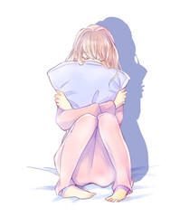 不安な雰囲気のクッションを抱いた女性